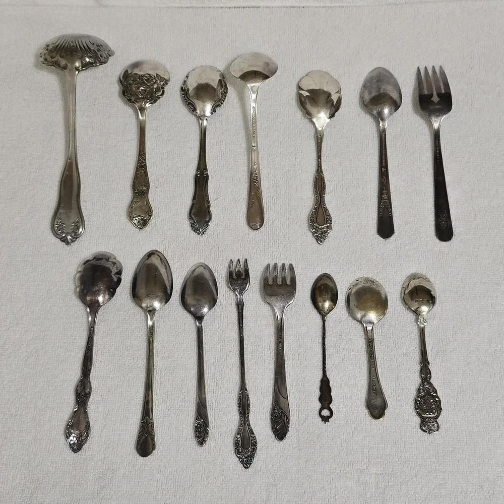 VTG Serving‎ Spoon Fork Lot of 15 Floral Art Some Silverplated